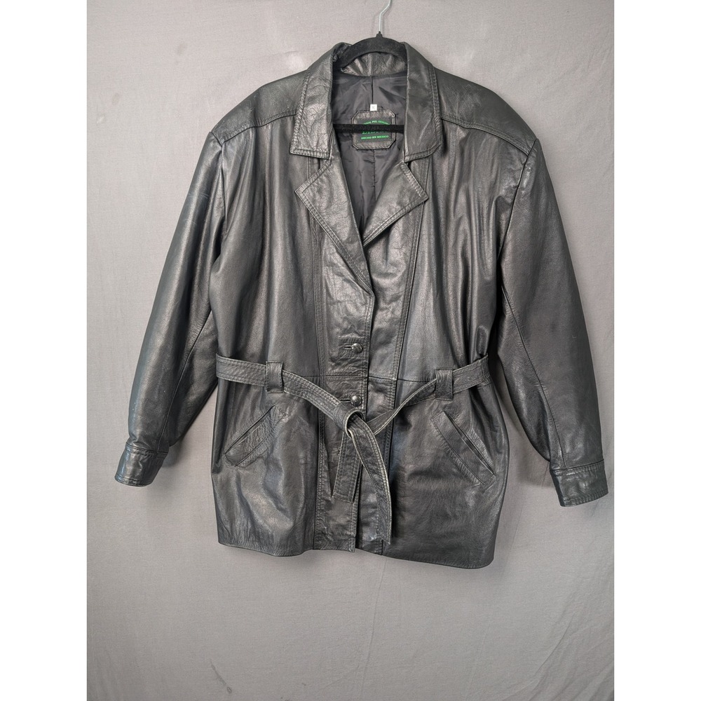 Libra Vintage Black Leather Belted Trench Coat Jacket XL Made in Mexico
